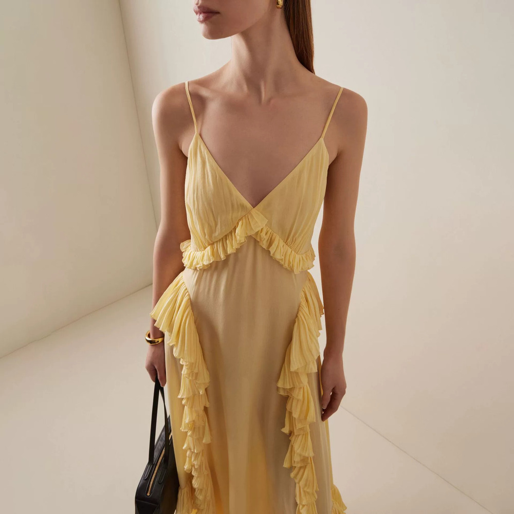 ZARA Yellow Ruffle Lace French Vacation Slip Dress Sexy Flounce Maxi Dress